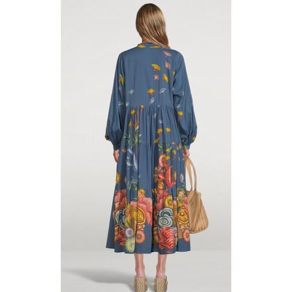 Carolina K Maxi Dress Blue Floral Prints Button Front Size S Long Puff Sleeves - Picture 3 of 11